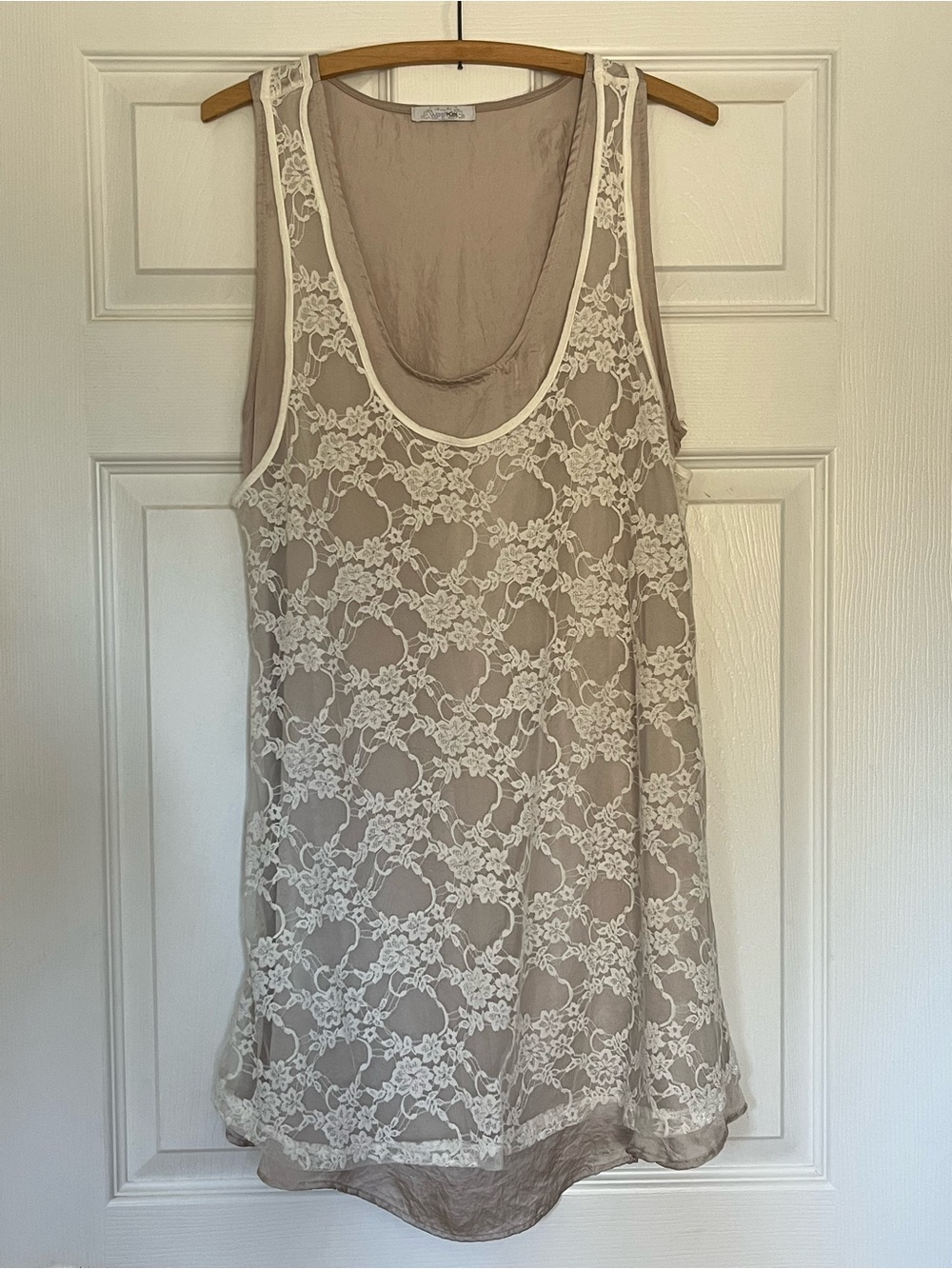 West Kei Taupe Slip Tank with Cream Floral Lace Overlay